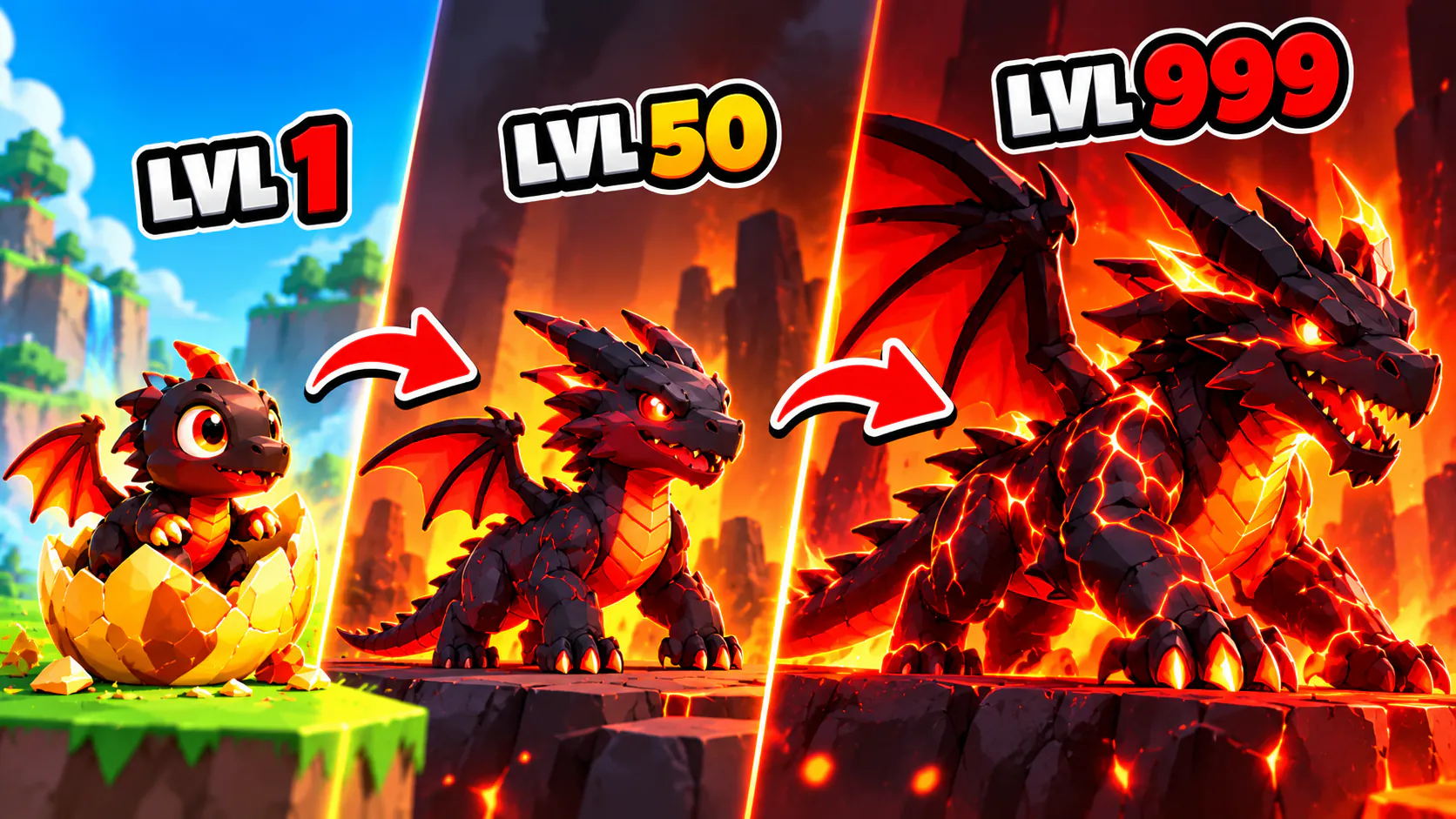 Thumbnail in three panels over lava: a small black dragon at LVL 1 grows into a bigger one at LVL 50 and a huge fiery dragon at LVL 999.