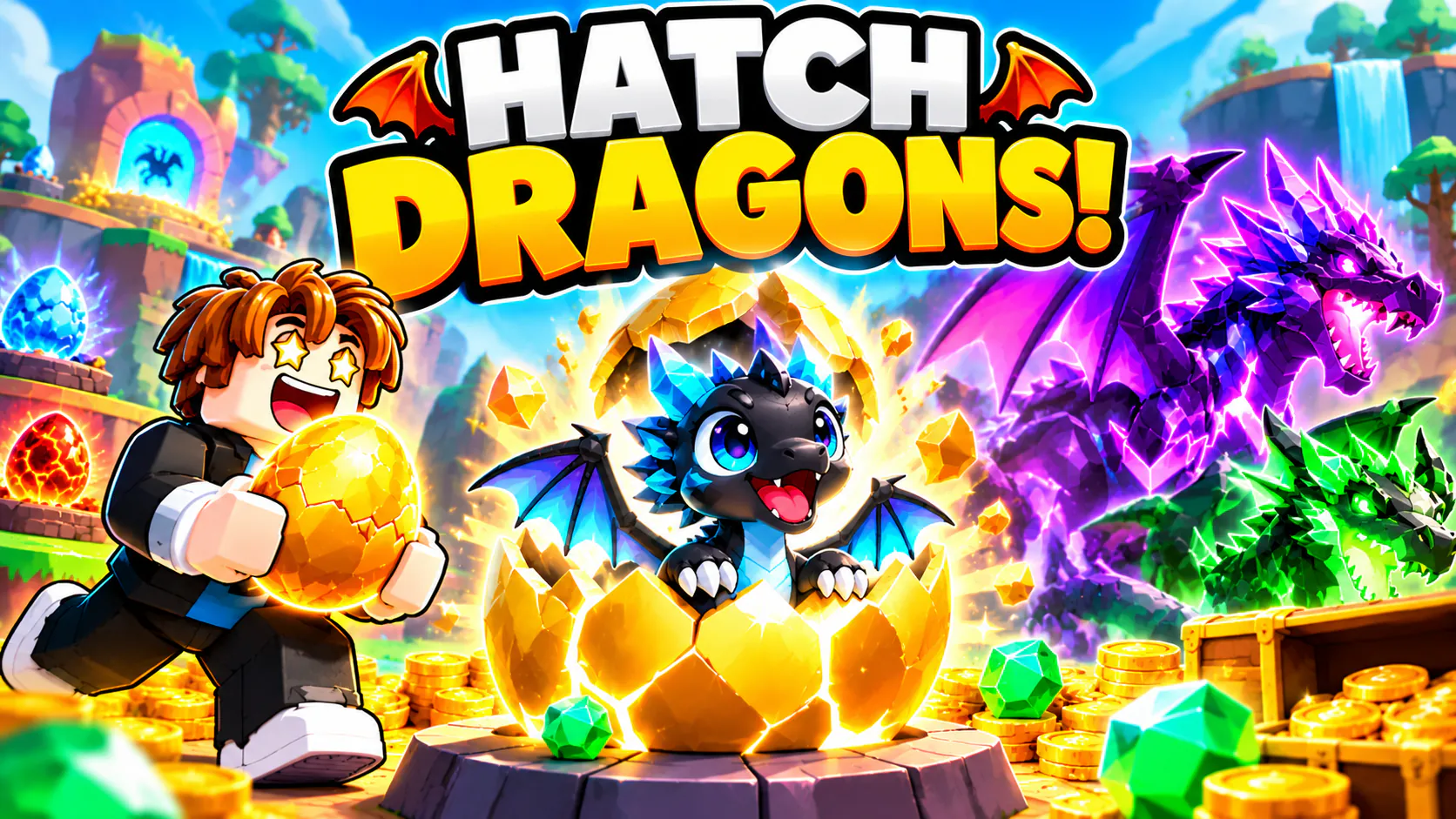 Thumbnail reading “Hatch Dragons!”: a Roblox player hugs a golden egg while a baby dragon bursts out of a glowing egg, surrounded by gold coins.