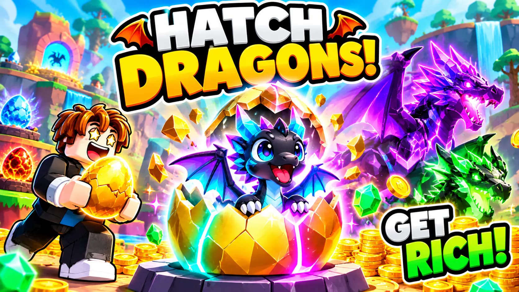 Thumbnail reading “Hatch Dragons!” and “Get rich!”: a Roblox player hugs a golden egg as a baby dragon bursts from a rainbow egg, with crystal dragons, gems and piles of coins behind.