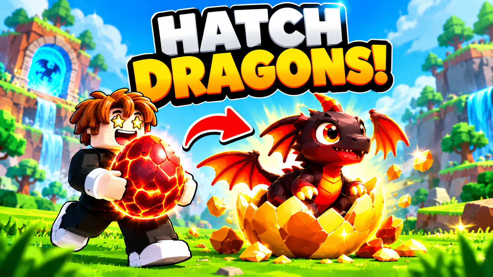 Thumbnail reading “Hatch Dragons!”: a Roblox player holds a red lava egg, an arrow points to a baby dragon hatching from a golden shell on a sunny grass field.