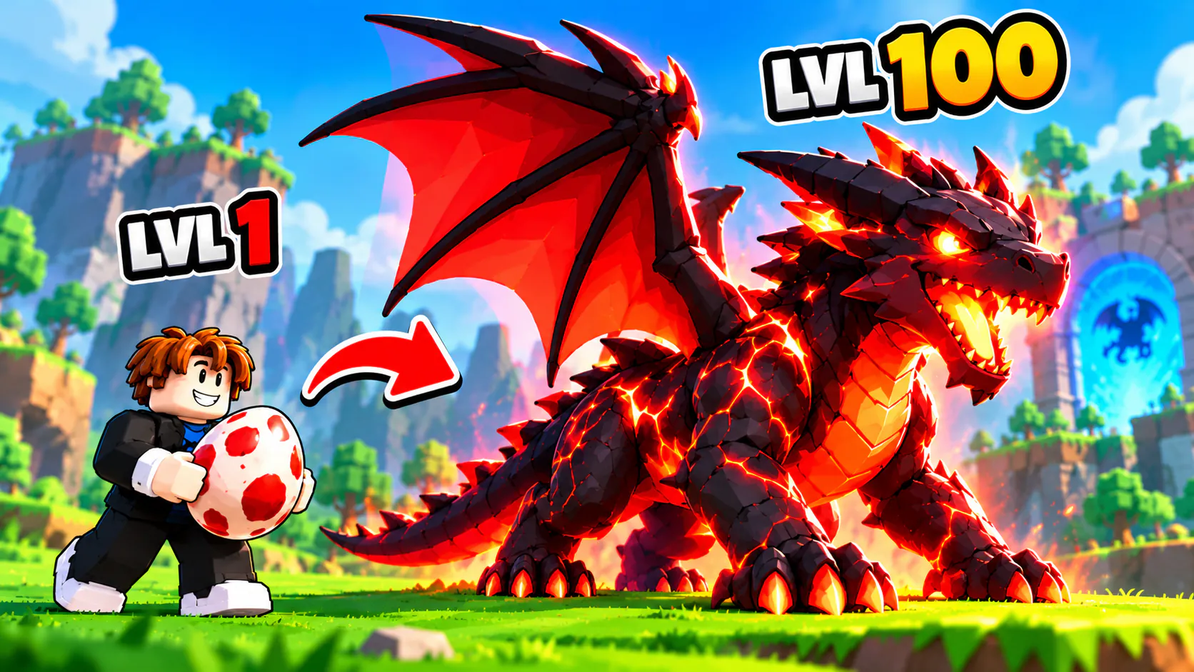 Thumbnail on a grassy valley: a Roblox player holds a spotted egg marked LVL 1, an arrow points to a giant red and black dragon marked LVL 100.