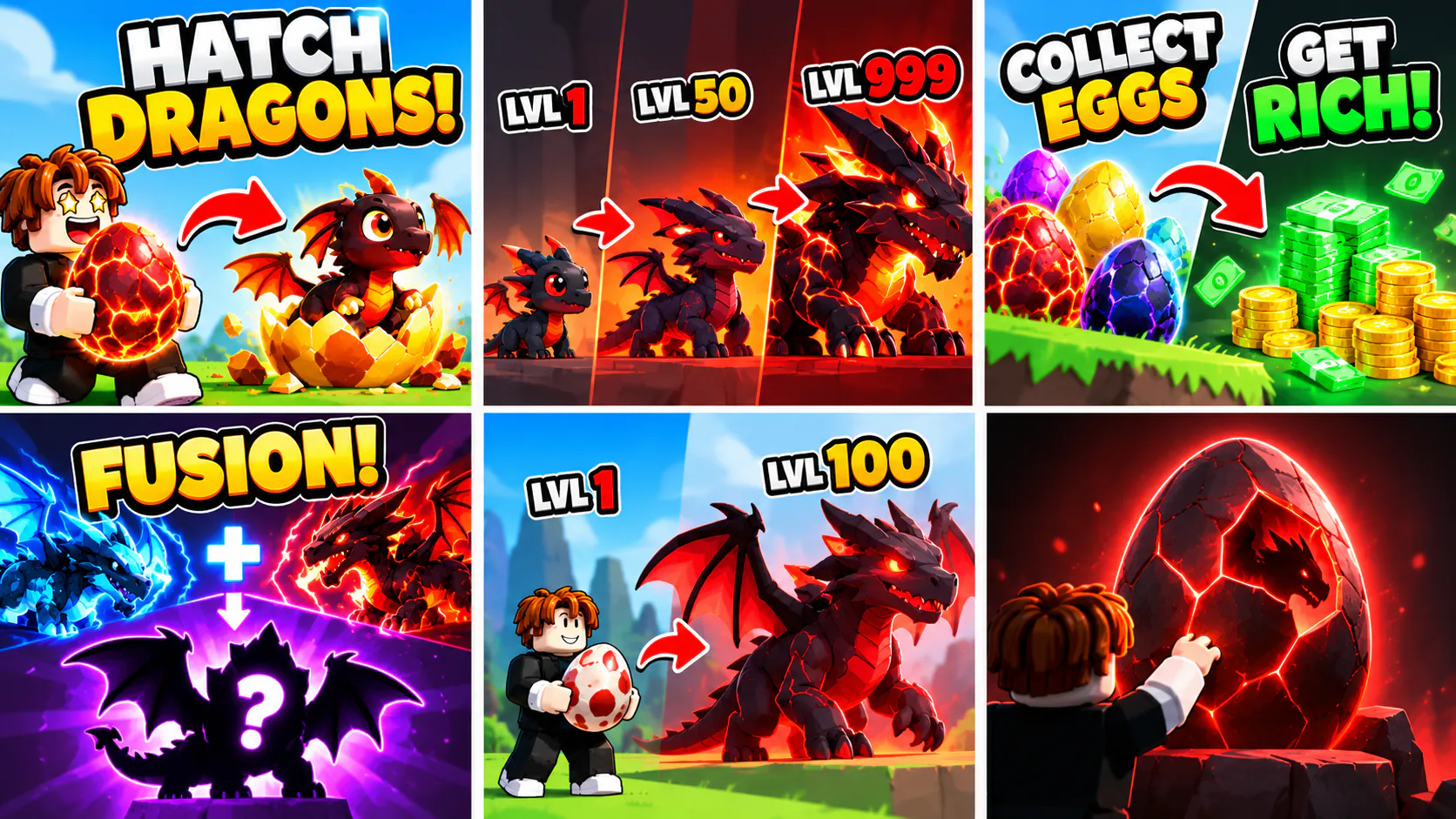 Six thumbnail variants for the same dragon game in a grid: “Hatch Dragons!”, a LVL 1 to LVL 999 evolution, “Collect eggs, get rich!”, “Fusion!”, LVL 1 to LVL 100, and a giant glowing egg.